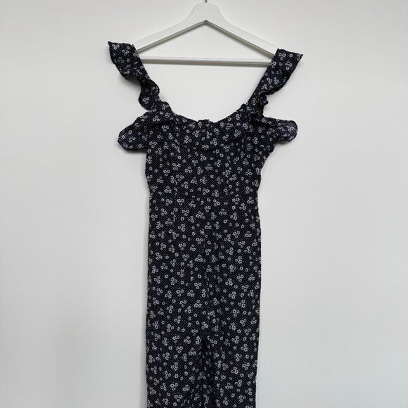 Jumpsuit One piece Summer Navy blue outfit with flower patterns and ruffles - Picture 10 of 12